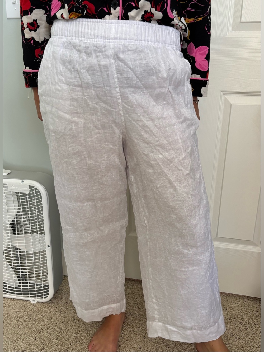 C&C California White Elastic-Waist Linen Pants